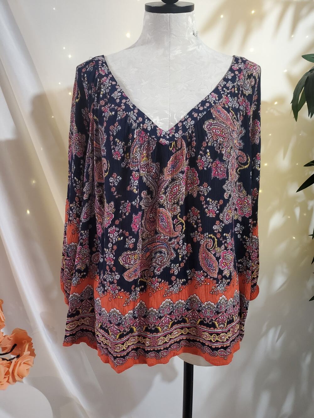 Bila Womens Crinkle Floral Boho Paisley V-Neck 3/4 Sleeve Peasant Blouse Top XL